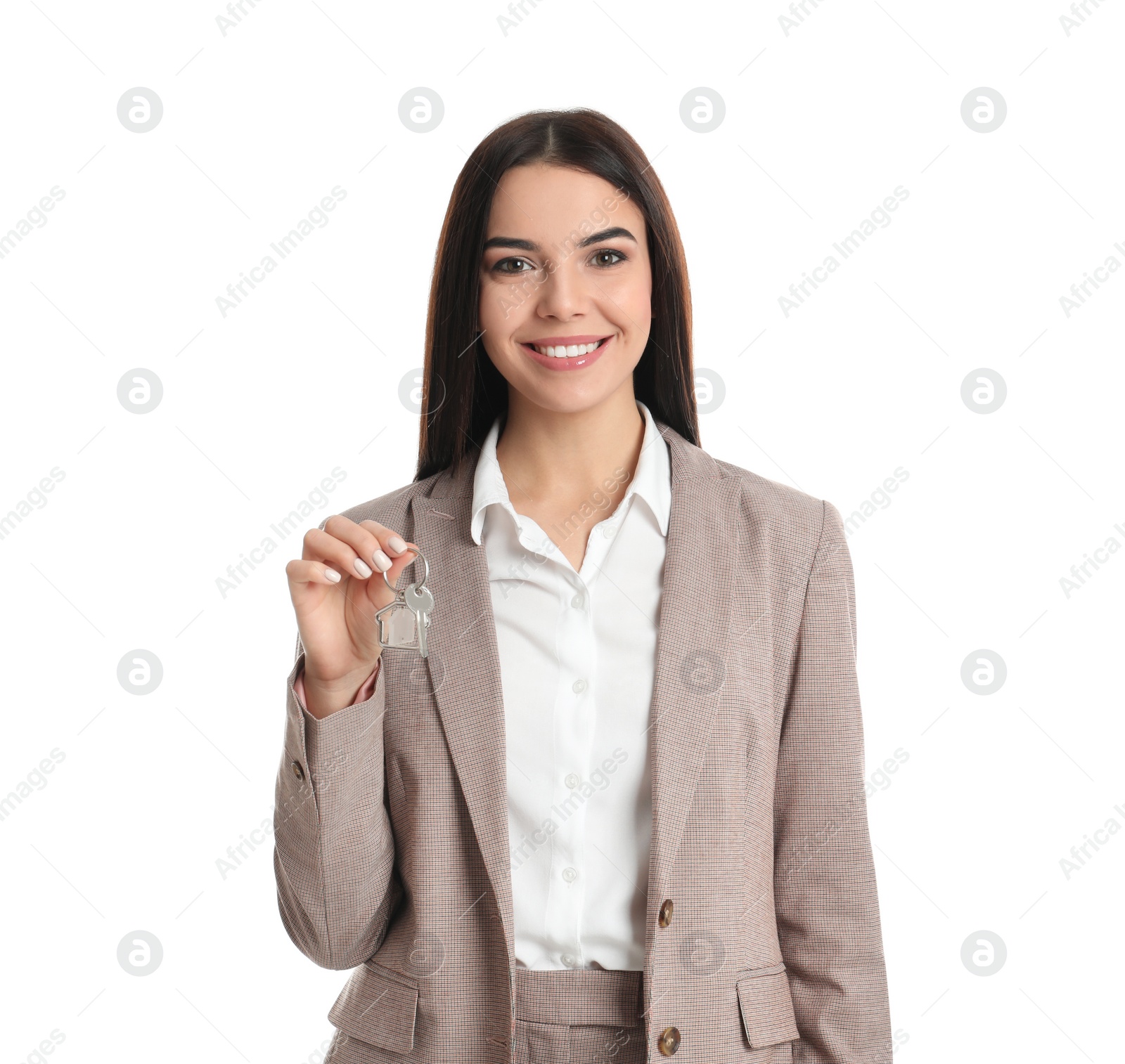 Photo of Real estate agent holding key on white background