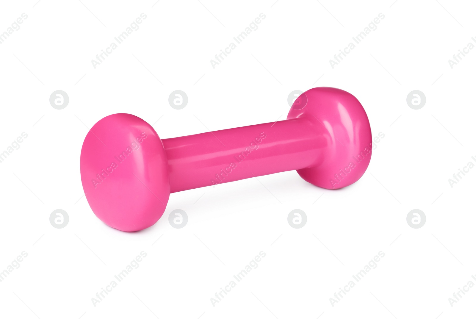 Photo of Pink dumbbell isolated on white. Weight training equipment