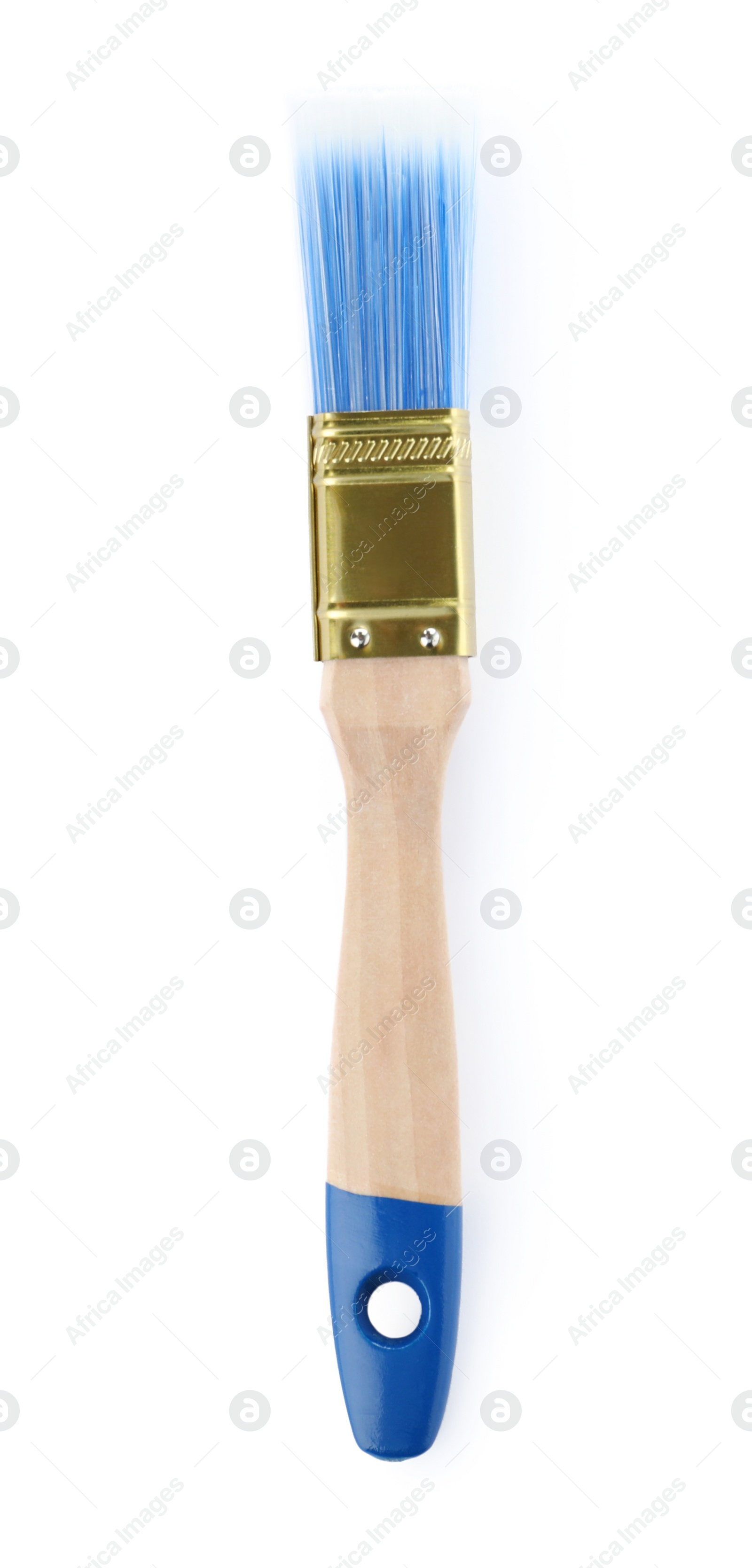 Photo of Paint brush with blue bristle on white background