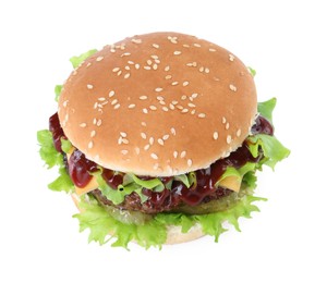 Photo of Burger with delicious patty isolated on white