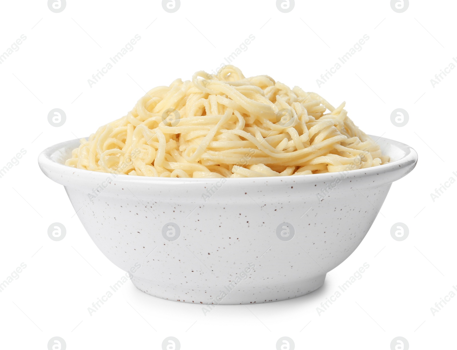 Photo of Tasty instant noodles in bowl isolated on white