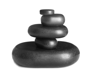 Photo of Stack of zen spa stones on white background