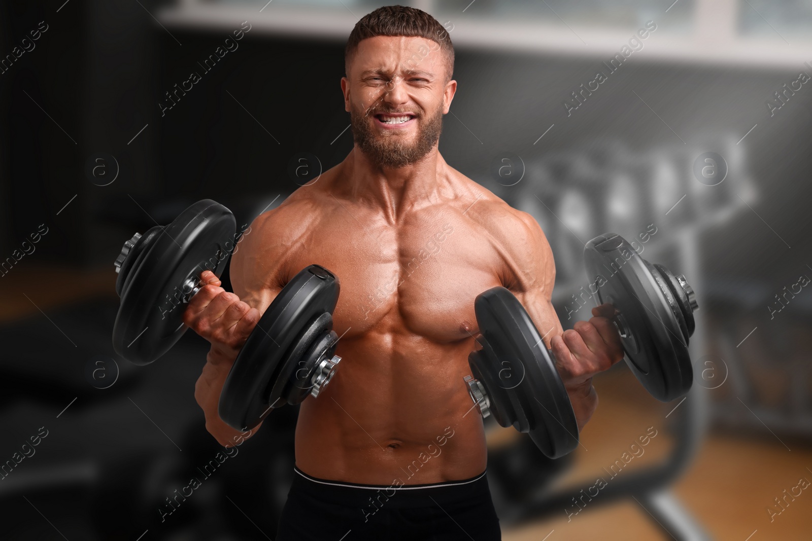 Image of Handsome bodybuilder exercising with dumbbells in gym