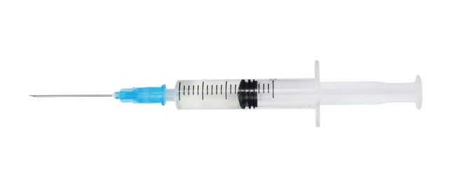 Photo of Plastic syringe with medicament on white background. Medical care