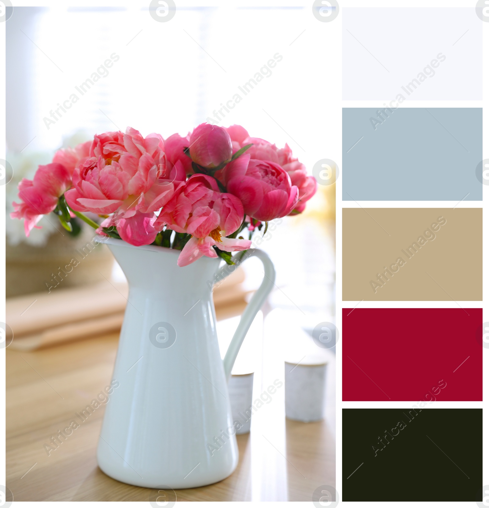 Image of Beautiful bouquet of peonies in vase on table indoors and color palette. Collage