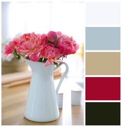 Image of Beautiful bouquet of peonies in vase on table indoors and color palette. Collage