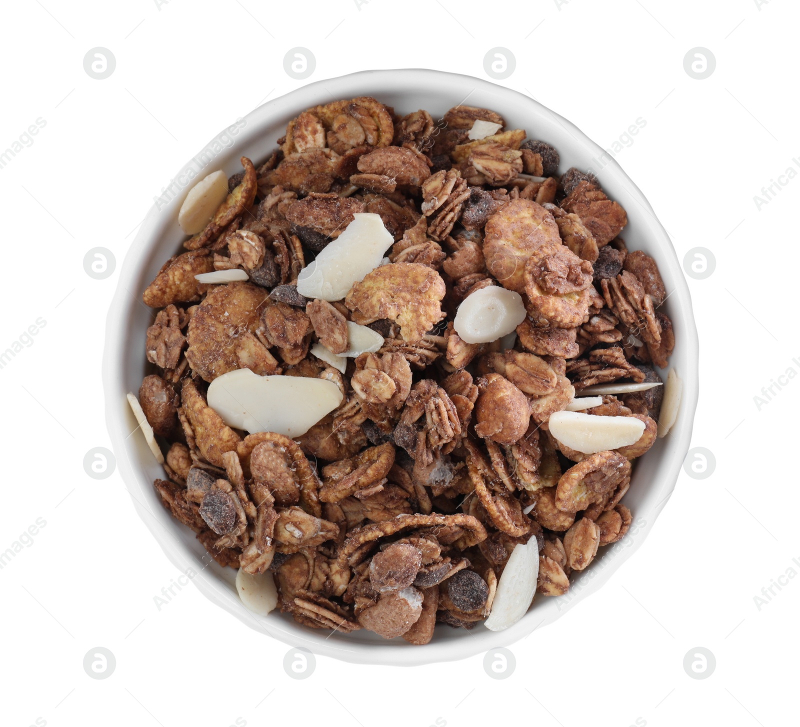 Photo of Granola in bowl on white background, top view. Healthy snack