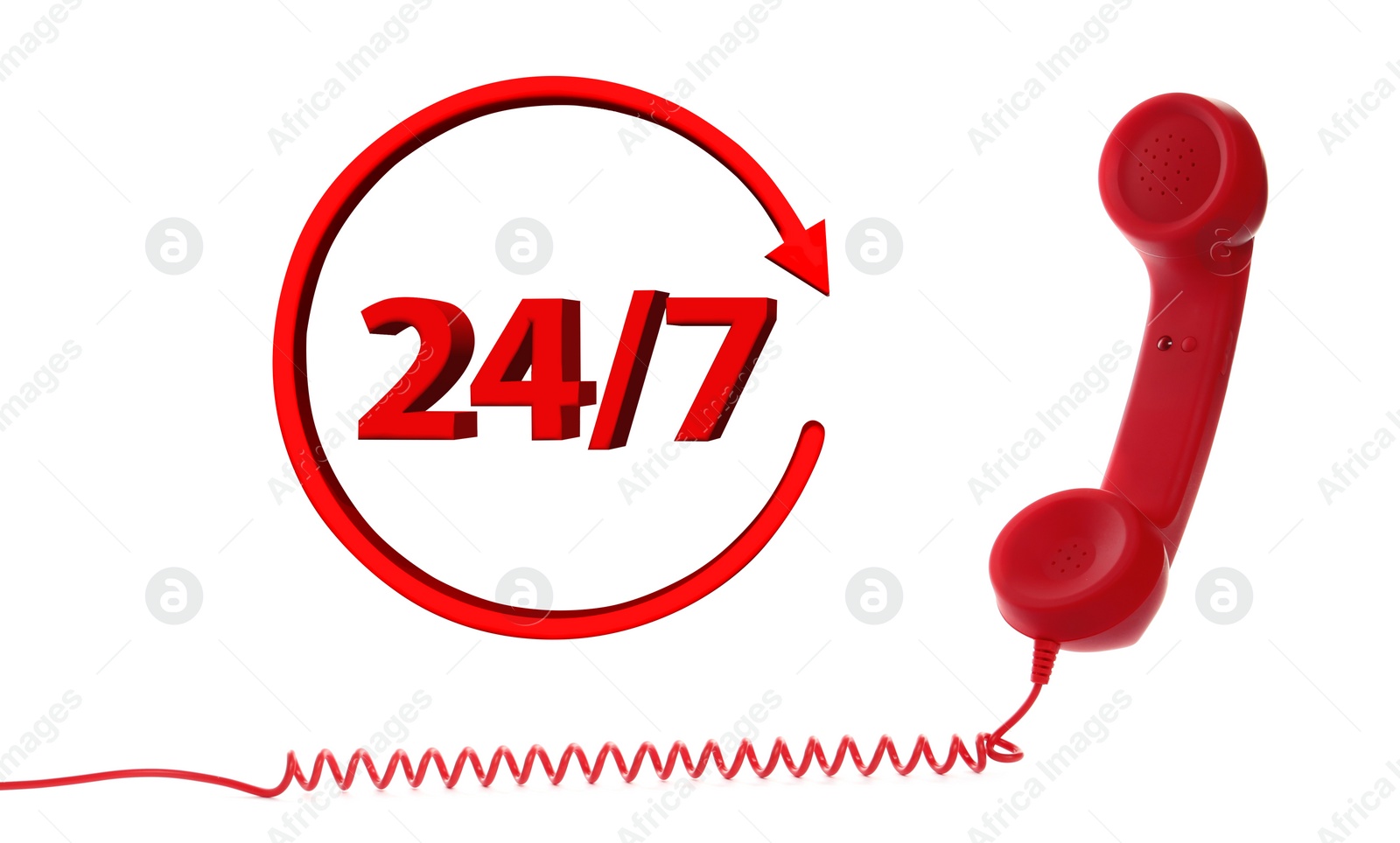 Image of 24/7 hotline service. Red handset on white background, banner design