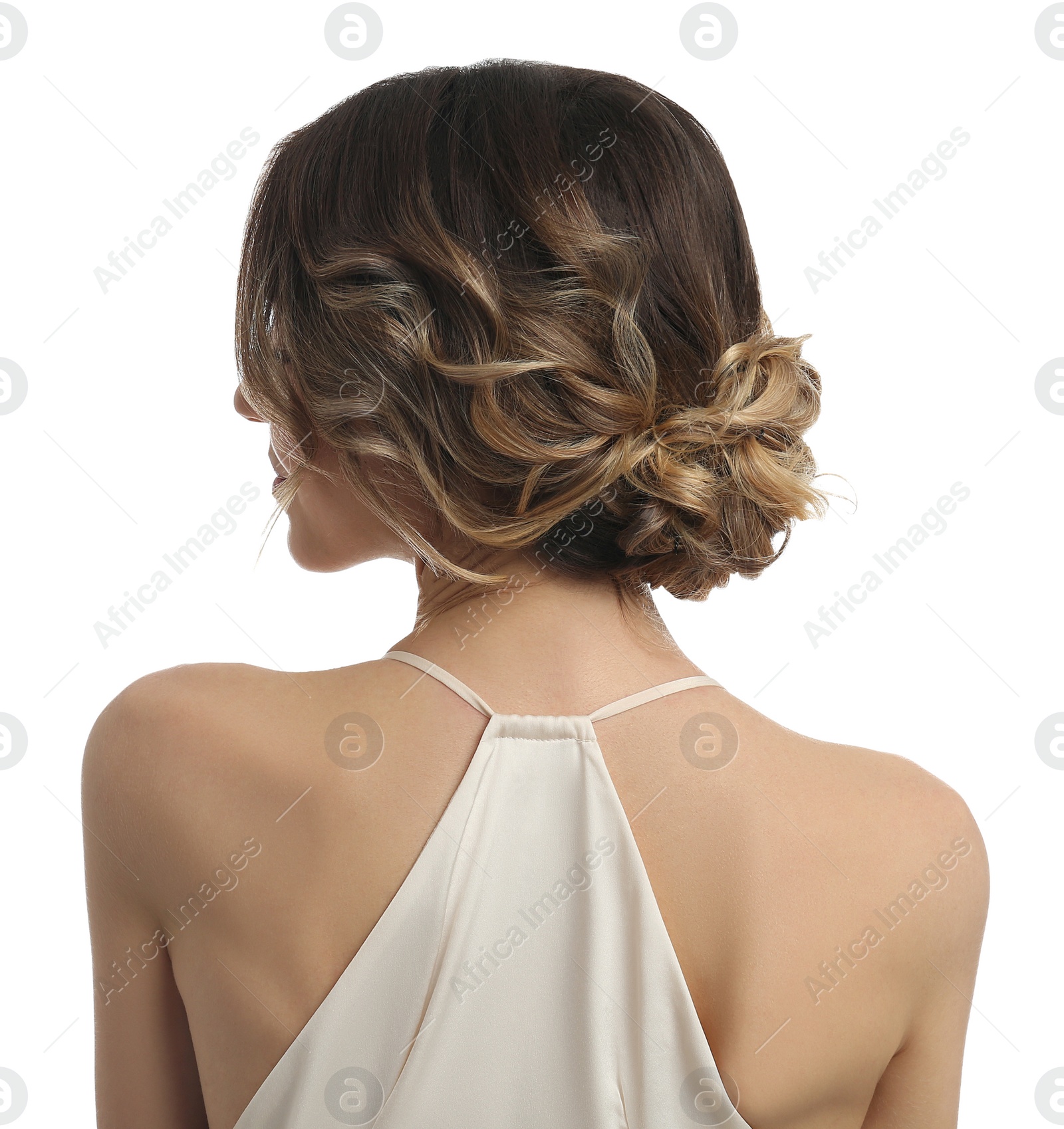 Photo of Young woman with beautiful hairstyle on white background