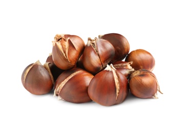 Photo of Delicious sweet roasted edible chestnuts isolated on white