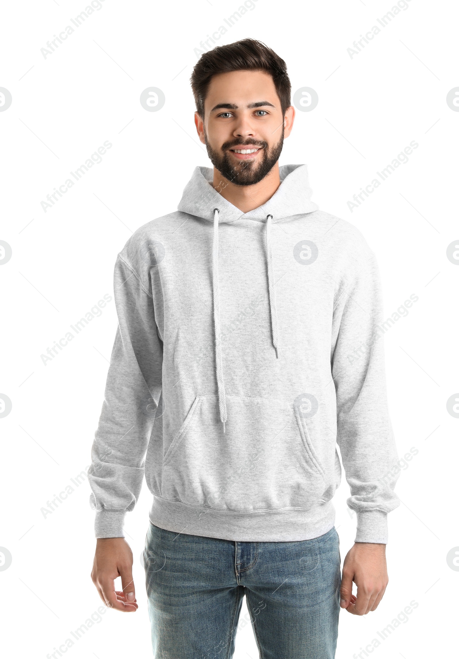 Photo of Portrait of young man in sweater isolated on white. Mock up for design