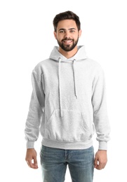 Portrait of young man in sweater isolated on white. Mock up for design