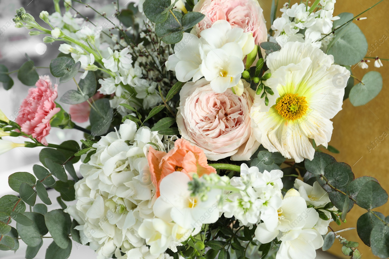 Photo of Bouquet of beautiful fresh flowers indoors, closeup