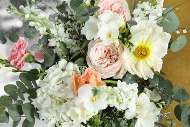 Photo of Bouquet of beautiful fresh flowers indoors, closeup