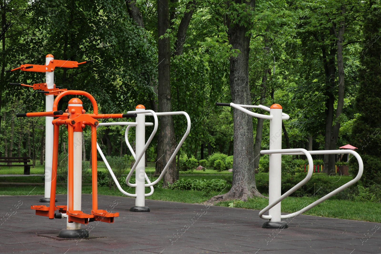 Photo of Empty outdoor gym with double abductor and push up bars