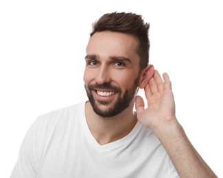 Photo of Man showing hand to ear gesture on white background