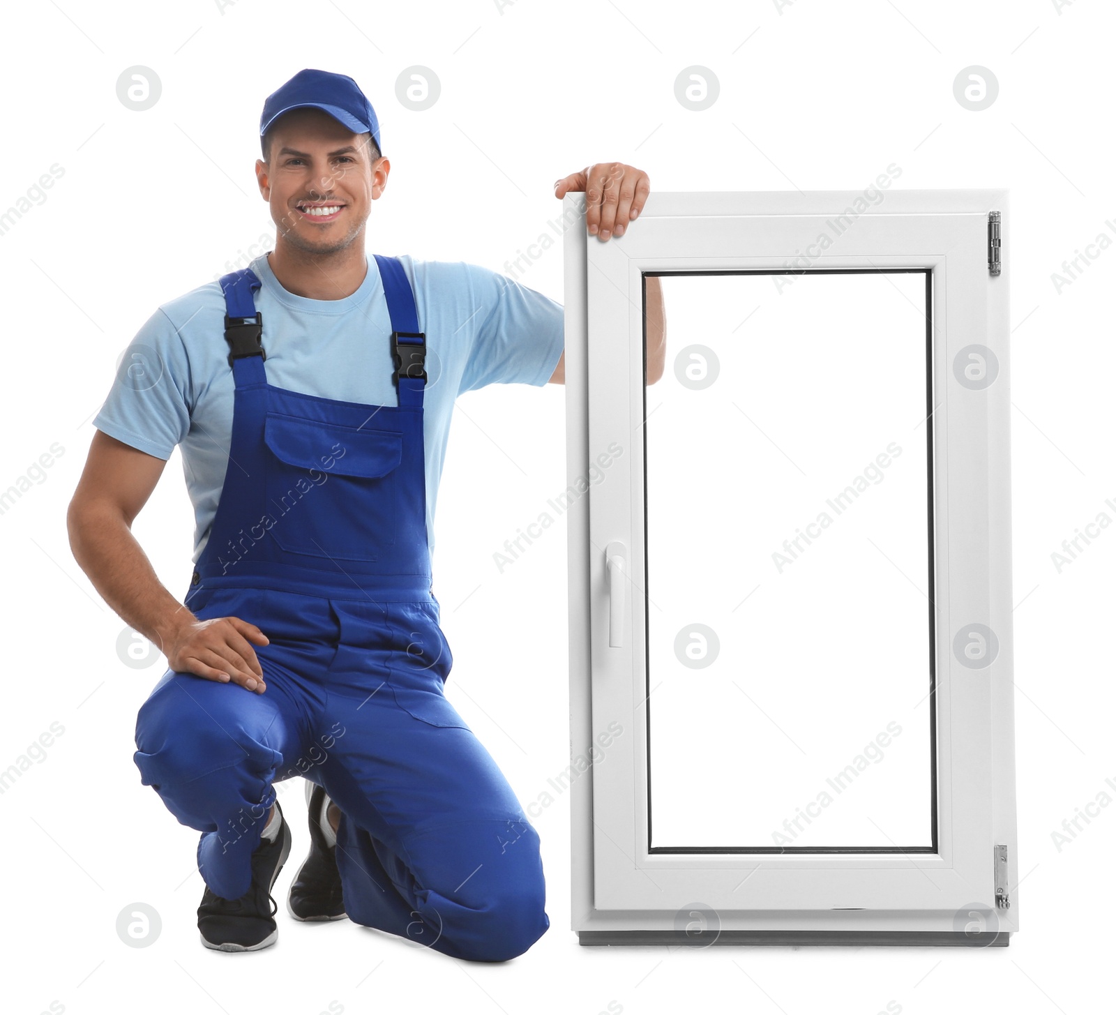 Photo of Worker with plastic window on white background. Installation service