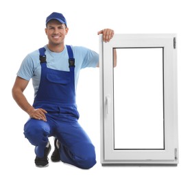Photo of Worker with plastic window on white background. Installation service