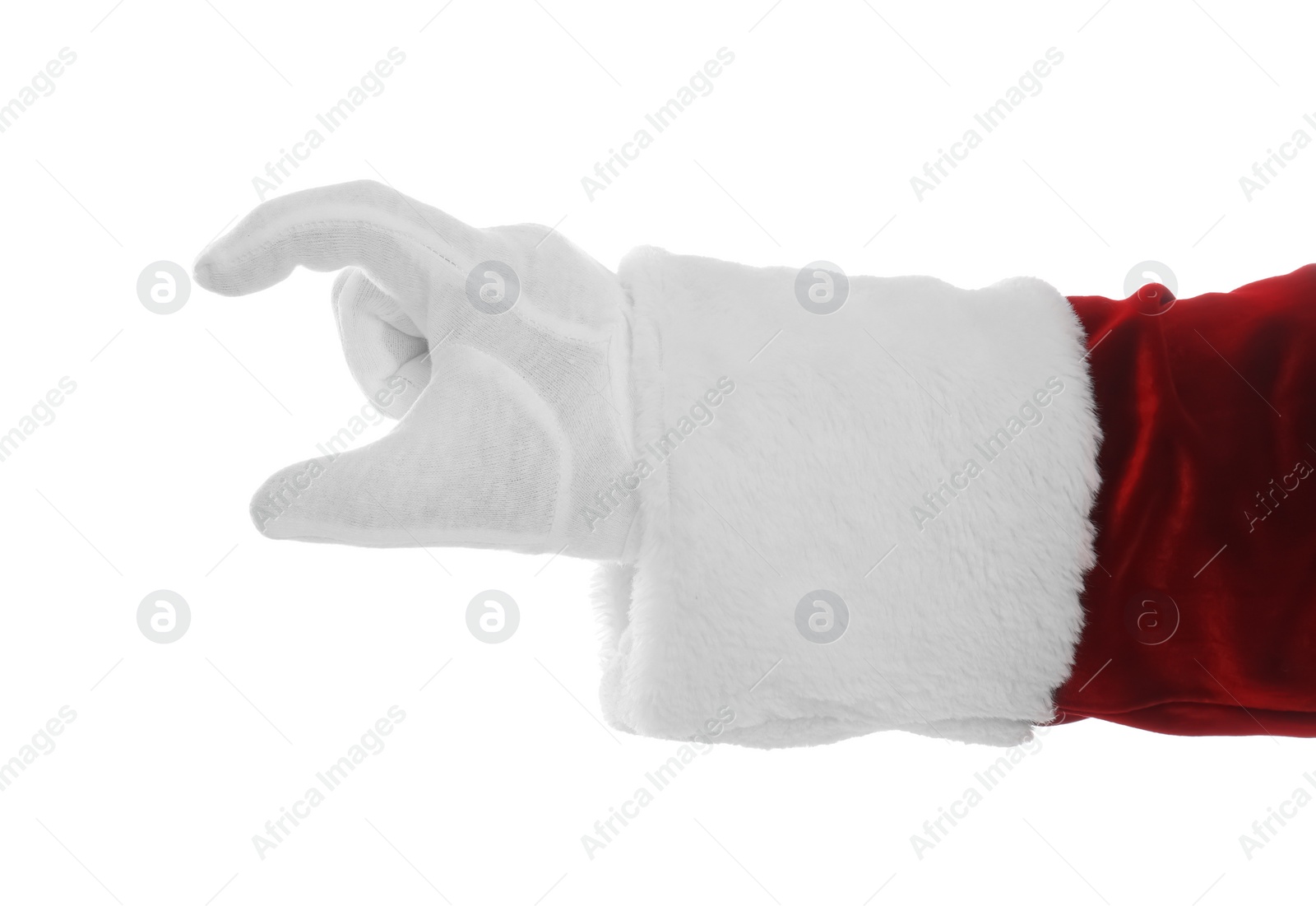 Photo of Santa Claus holding something on white background, closeup of hand