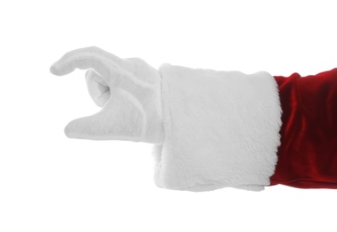 Santa Claus holding something on white background, closeup of hand