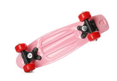Pink skateboard with red wheels isolated on white