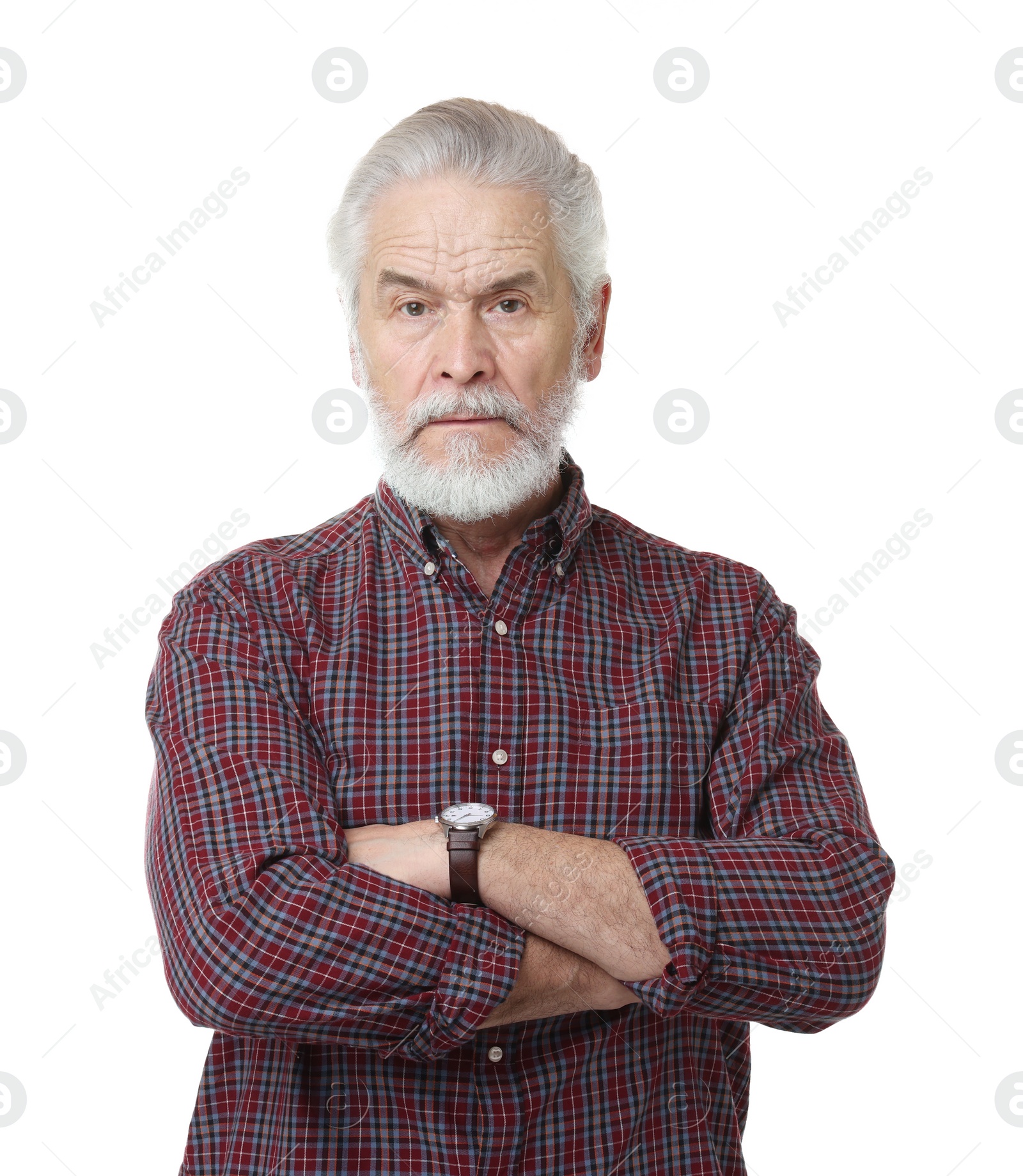 Photo of Portrait of stylish grandpa on white background