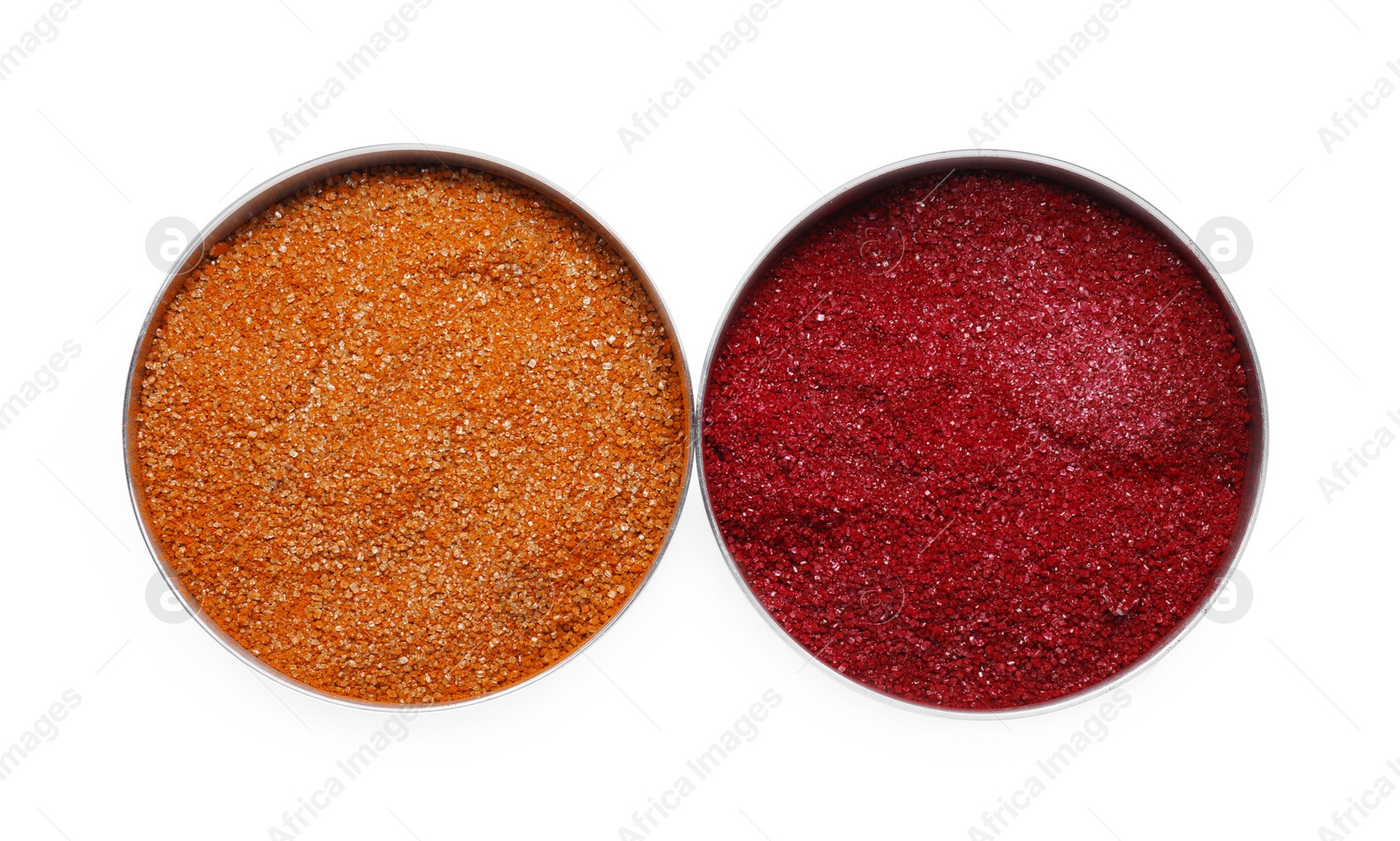 Photo of Bowls with food coloring on white background, top view