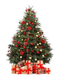 Photo of Beautiful Christmas tree with many gift boxes isolated on white