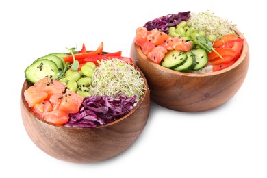 Photo of Delicious poke bowls with vegetables, fish and edamame beans on white background