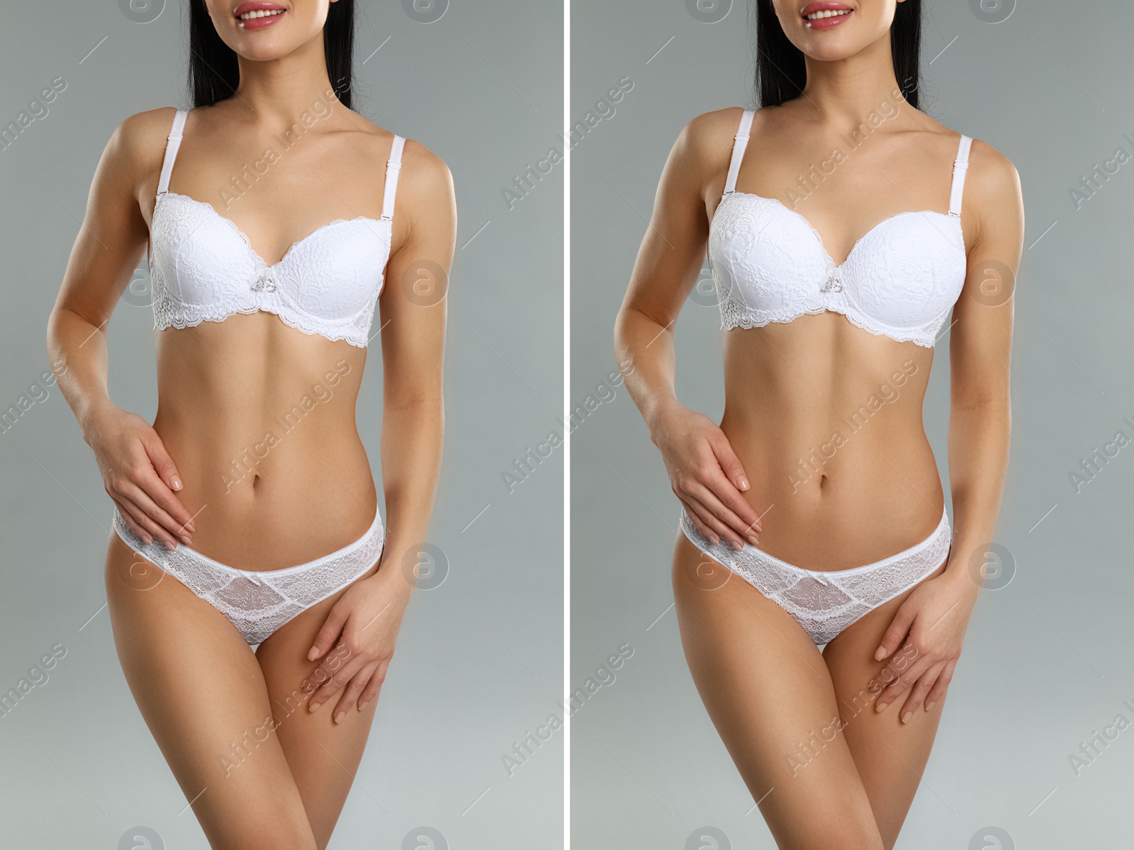 Image of Woman before and after breast augmentation on light grey background, closeup
