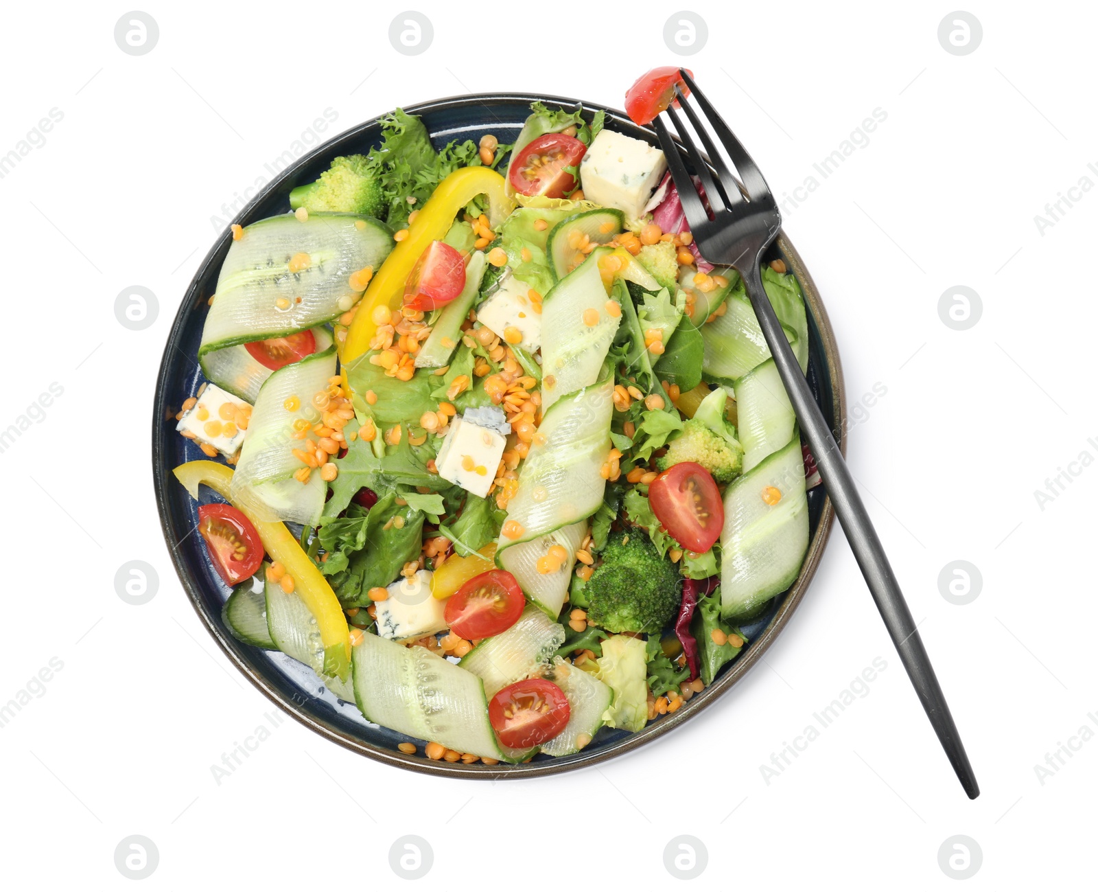 Photo of Plate of delicious salad with lentils, vegetables and cheese isolated on white, top view