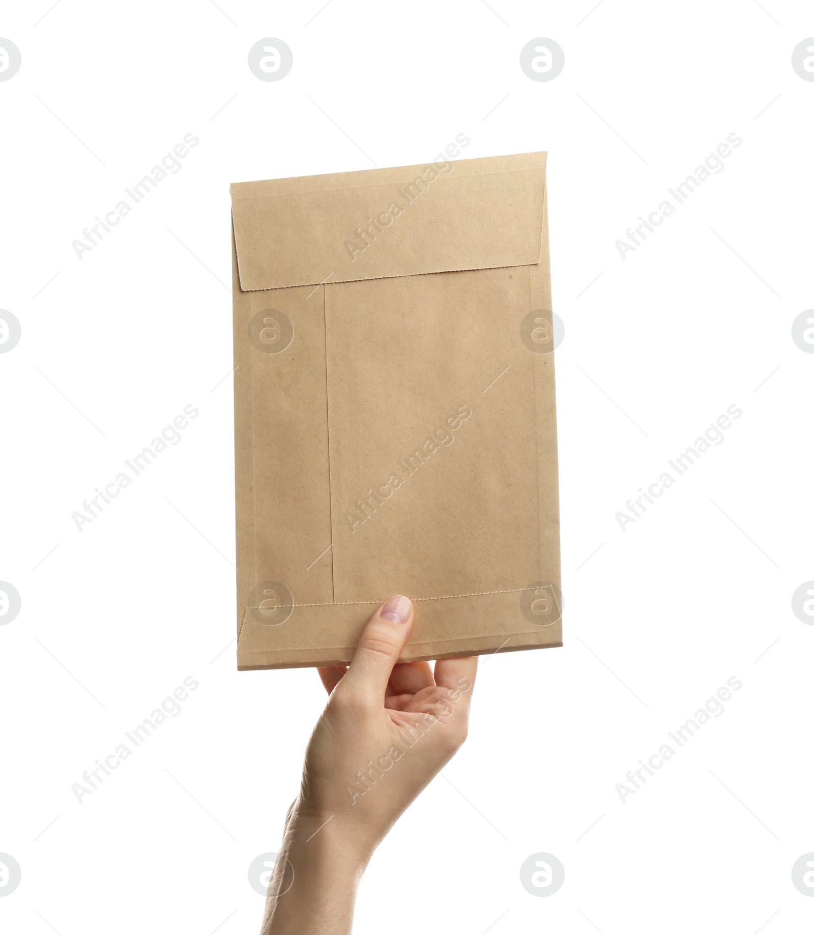 Photo of Woman holding kraft paper envelope on white background, closeup