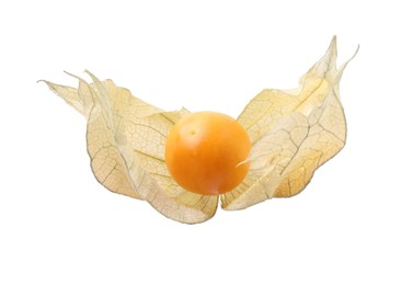 Photo of Ripe physalis fruit with calyx isolated on white