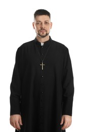 Priest wearing cassock with clerical collar on white background