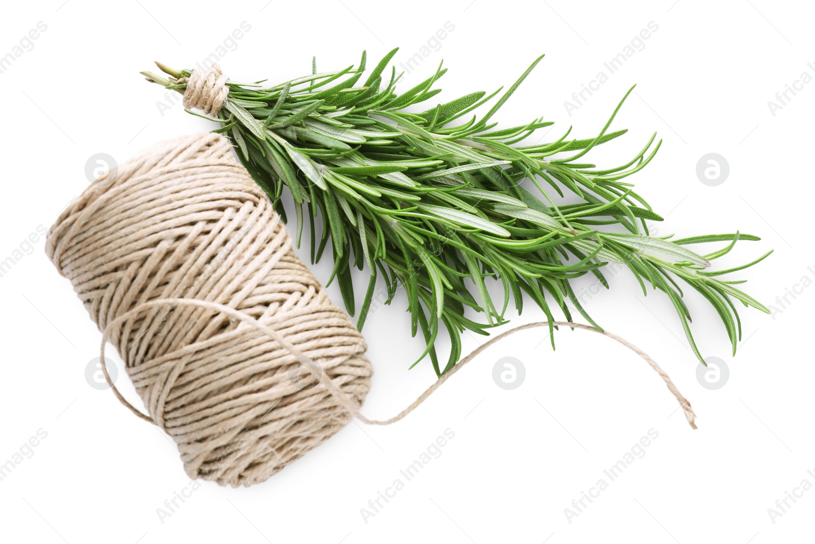 Photo of Fresh rosemary twigs tied with twine isolated on white, top view