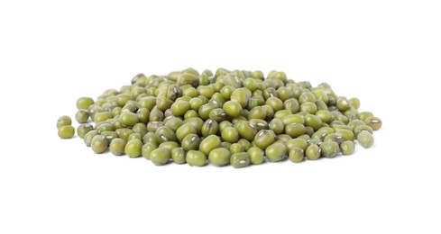 Pile of green mung beans isolated on white. Organic grains