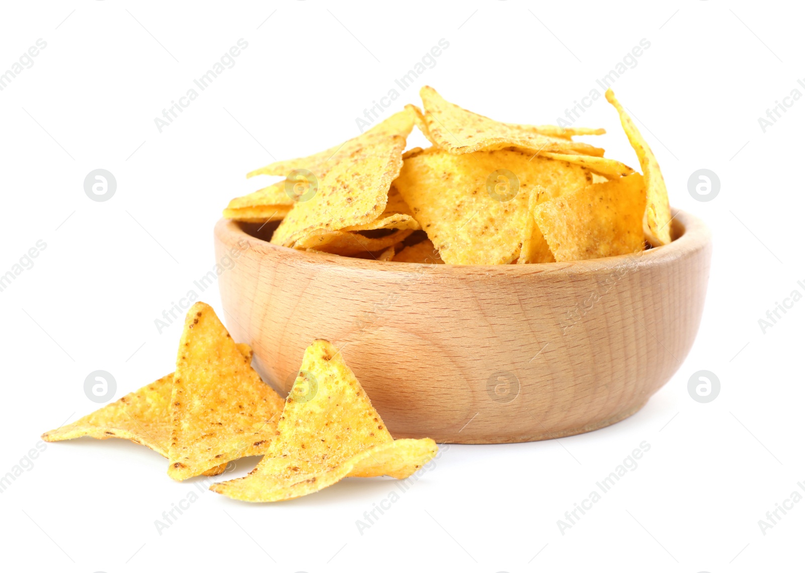 Photo of Wooden bowl with tasty Mexican nachos chips on white background