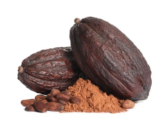 Photo of Whole cocoa pods, powder and beans on white background