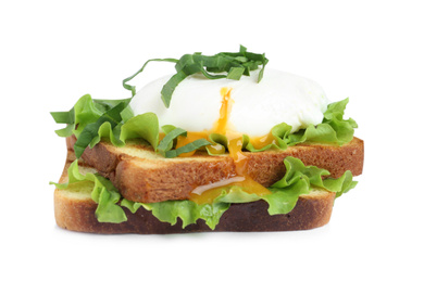 Delicious poached egg sandwich isolated on white