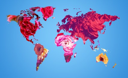 Image of World map made of beautiful flowers on light blue background, banner design