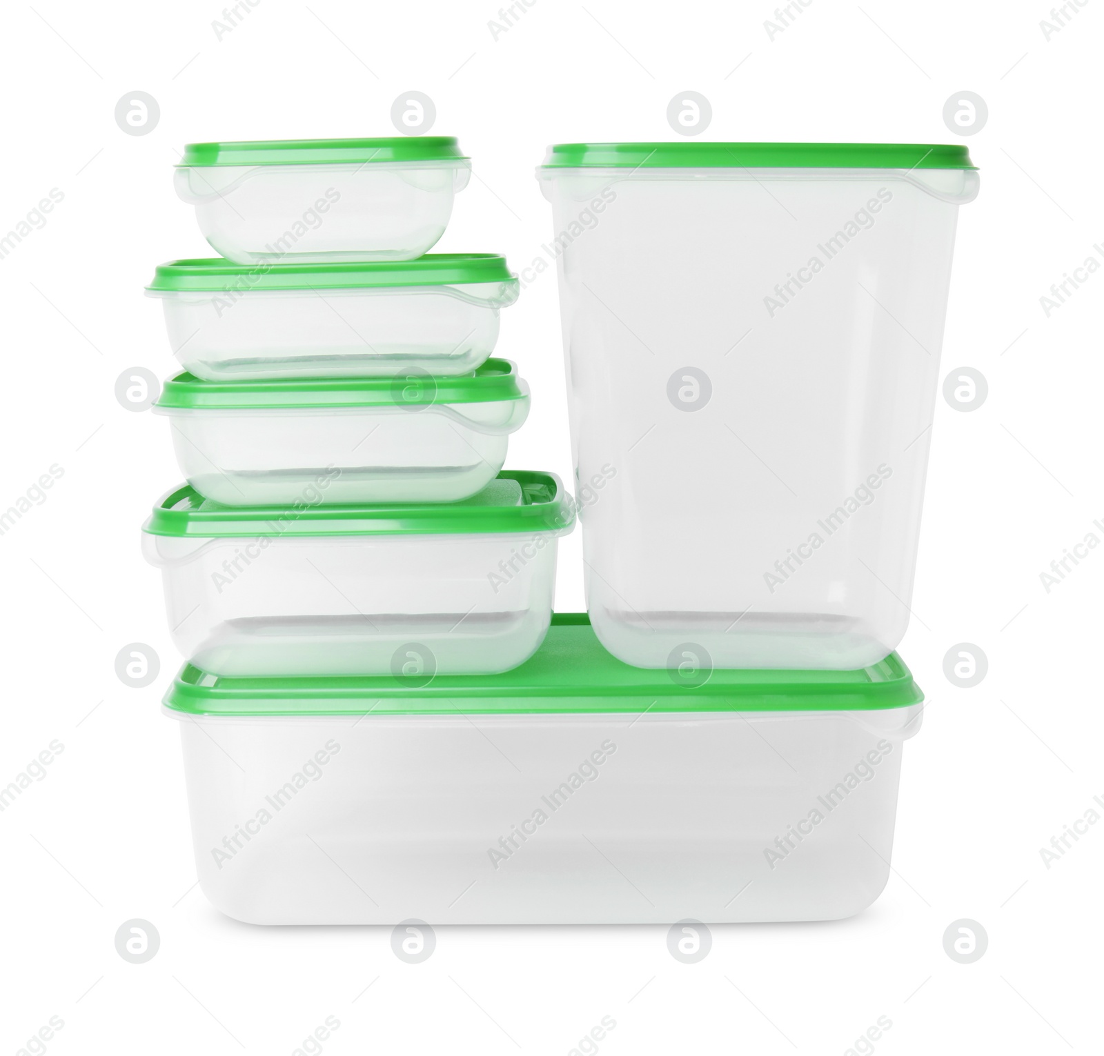 Photo of Empty plastic containers on white background. Food storage