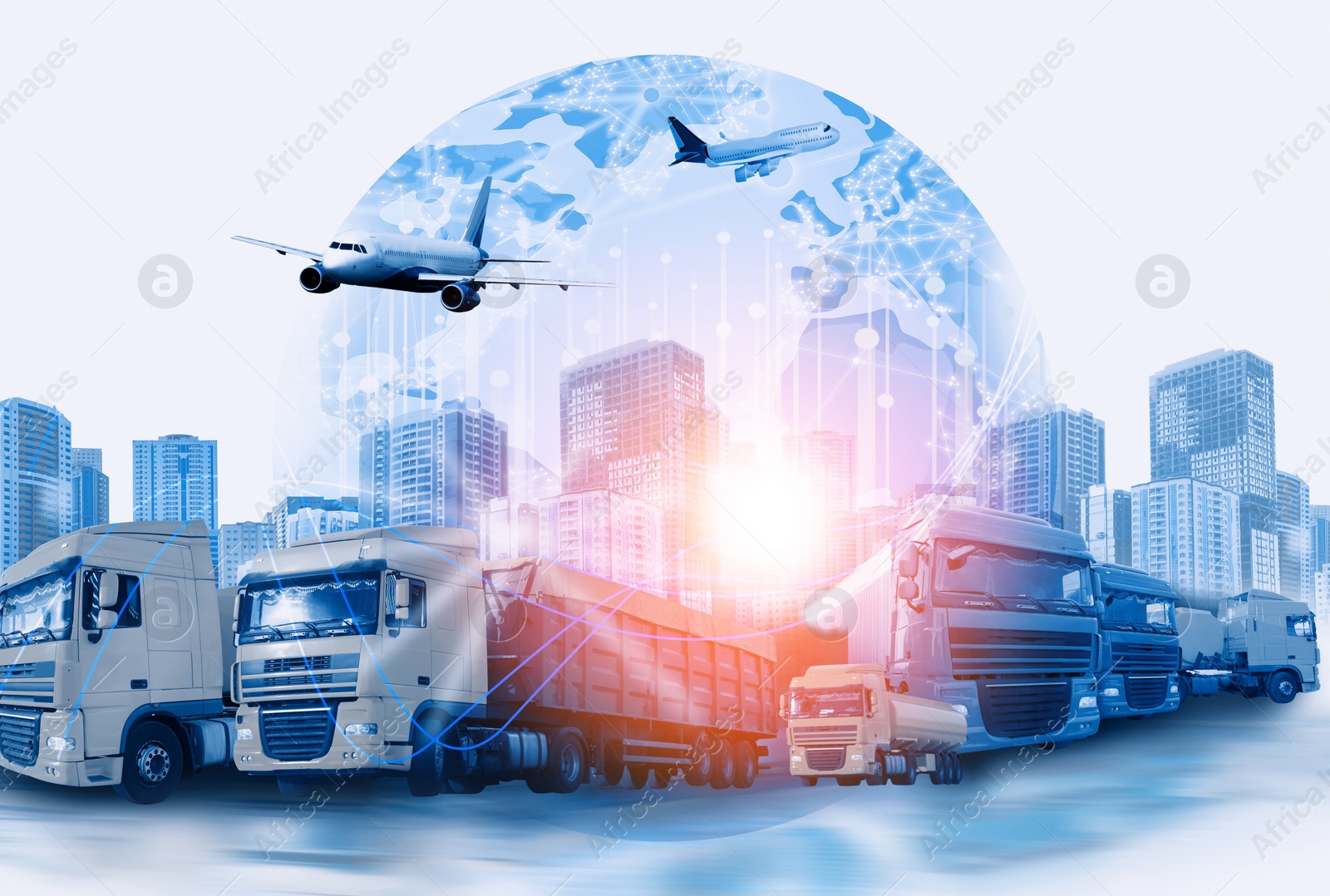 Image of Logistics concept. Multiple exposure of different transports and world globe, toned in blue  