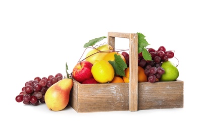 Crate with different fruits on white background