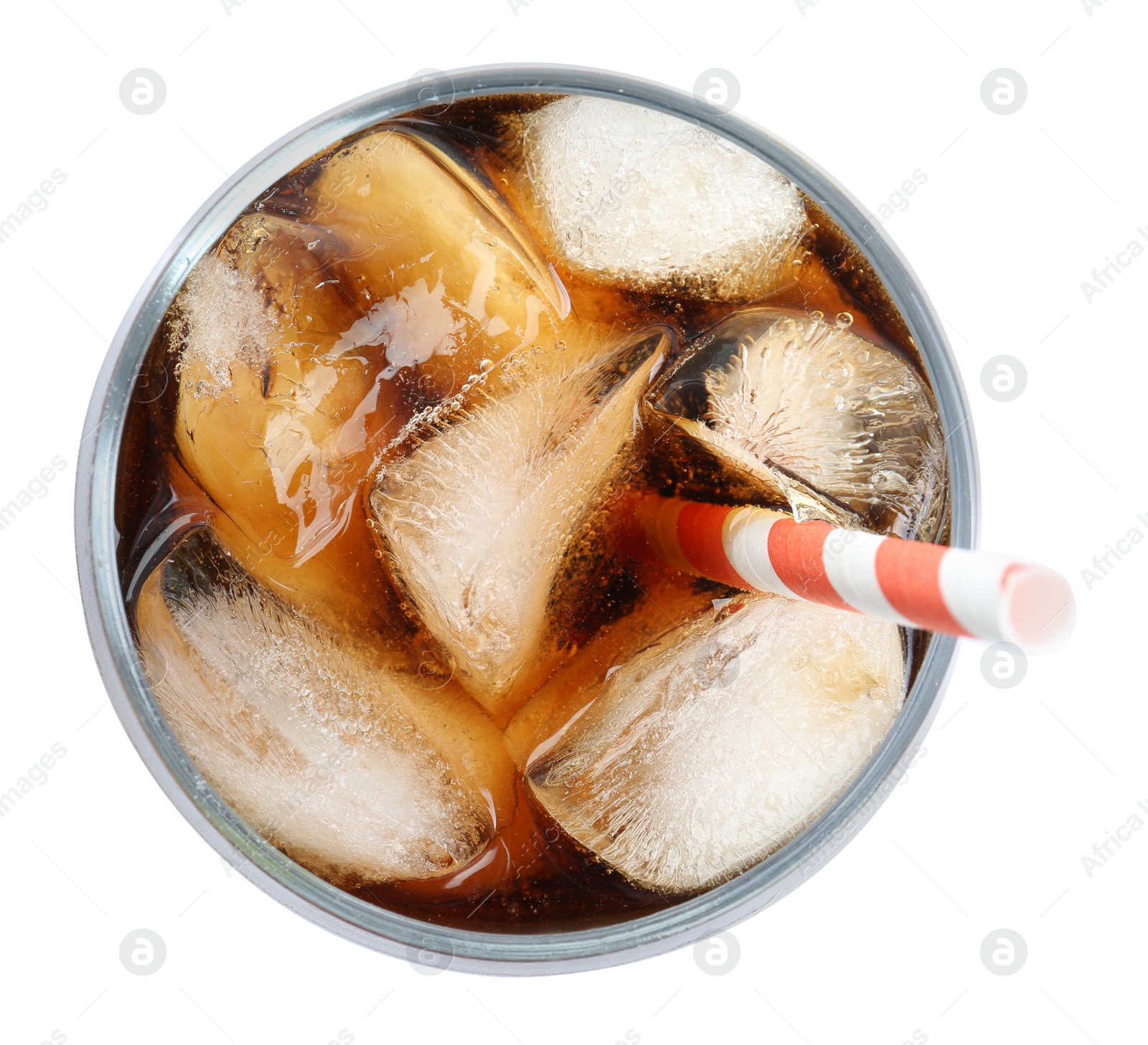 Photo of Glass of refreshing soda drink with ice cubes isolated on white, top view