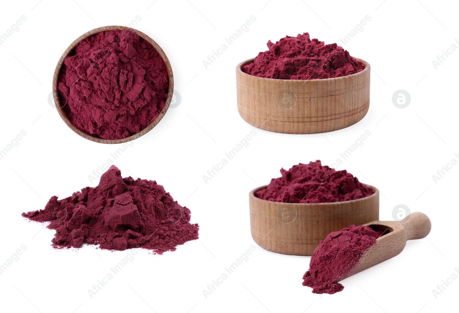 Image of Collage with acai powder on white background