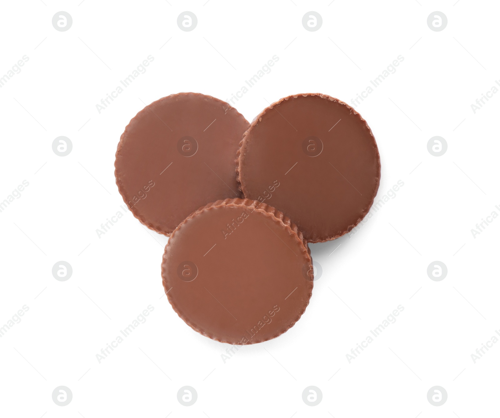 Photo of Delicious peanut butter cups on white background, top view