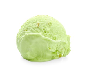 Scoop of delicious pistachio ice cream on white background