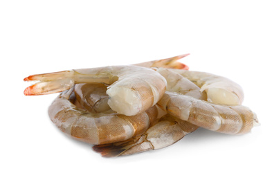 Photo of Fresh raw shrimps isolated on white. Healthy seafood