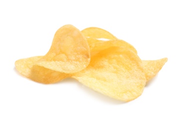 Photo of Tasty crispy potato chips on white background
