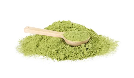 Photo of Spoon with green matcha powder isolated on white